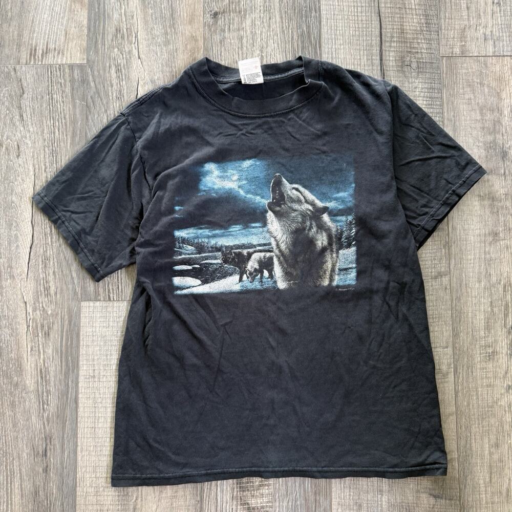 Vintage 90s Anvil Howling Wolf Pack Black T-Shirt Small Short Sleeve Thrashed